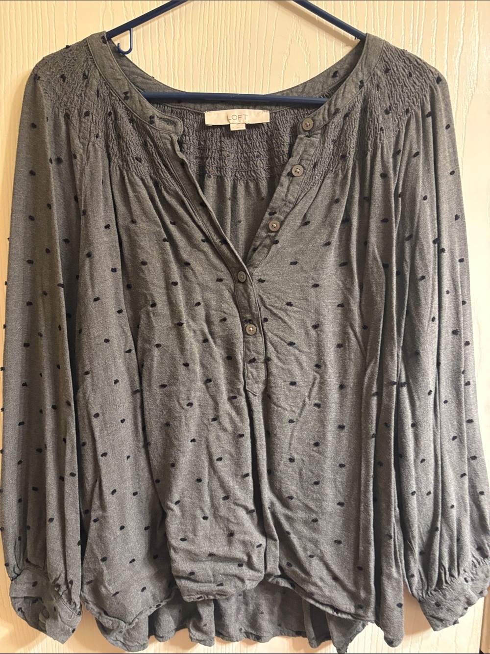 LOFT Gray Blouse with Black Dot Smocked Yoke